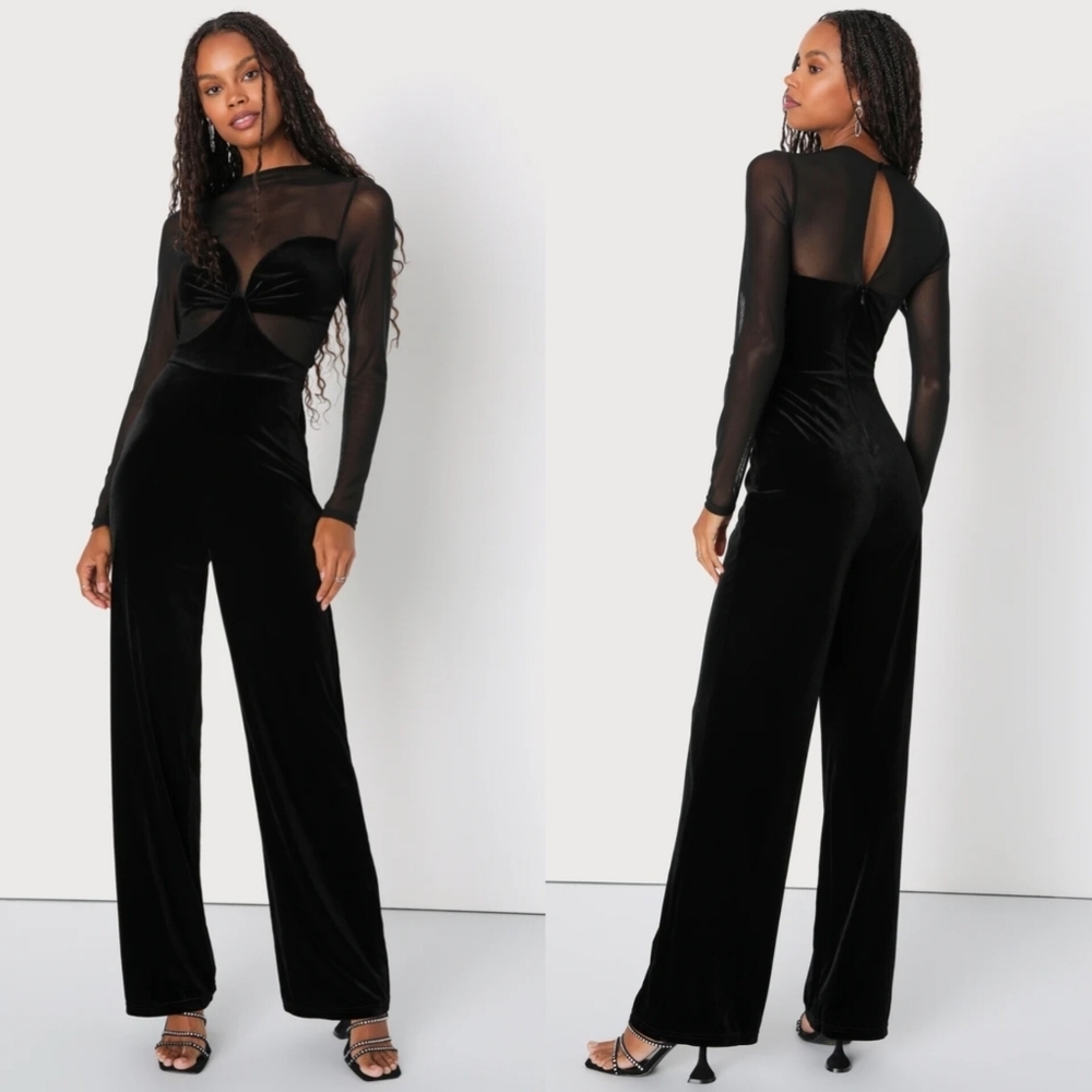 Lulus Edgy Charisma Black Mesh Velvet Cutout Long Sleeve Jumpsuit  XS Party Prom